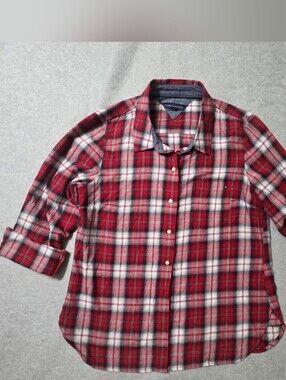 Tommy Hilfiger Women's Plaid Brushed Flannel Button Up Shirt Sz L